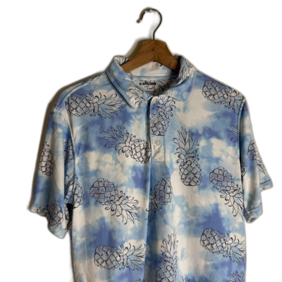 The Endless Summer Polo Shirt Mens Large Blue White Pineapple Print Stretch - Picture 3 of 9